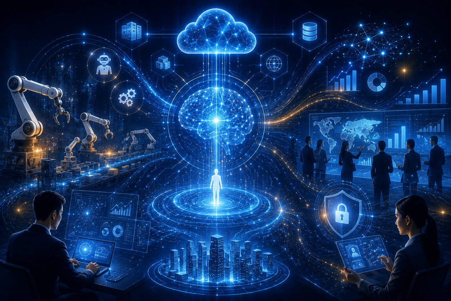 ช่วยสร้างภาพ Technology At NTP PROSPERA NEXUS, technology is the foundation of everything we build. We combine Artificial Intelligence, cloud computing, data intelligence, automation, and enterprise technologies to develop scalable, secure, and future-ready solutions that solve complex business challenges and accelerate digital transformation. Our AI-native platforms are designed with a human-centered approach, empowering individuals and organizations to make smarter, faster, and more confident decisions. By integrating intelligent automation, explainable AI, advanced analytics, and modern cloud architecture, we help businesses improve operational efficiency, strengthen workforce capabilities, and create sustainable long-term value. โดยไม่ใส่ตัวอักษร