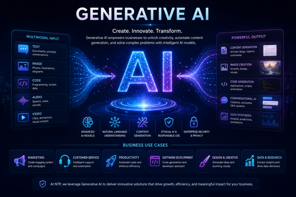 Harness Generative AI with NTP to create intelligent content, automate workflows, enhance productivity, and drive business innovation.