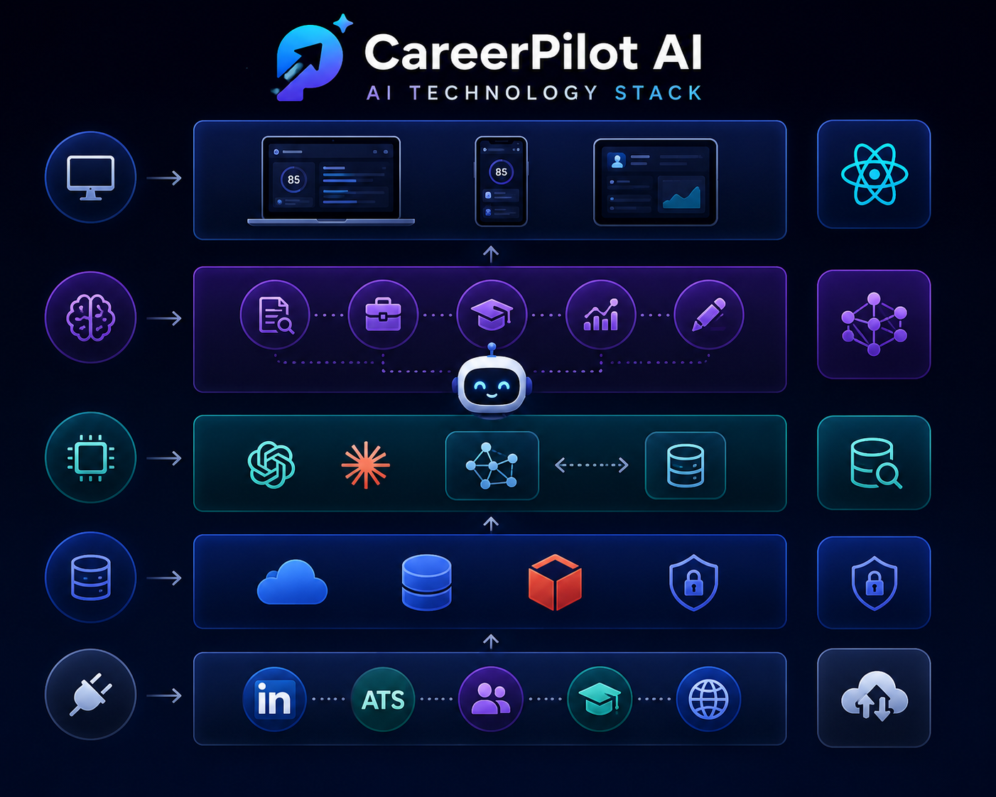CareerPilot AI is built on a modern, scalable, and enterprise-ready technology stack designed to deliver intelligent, secure, and high-performance AI services. The platform leverages advanced Large Language Models (LLMs), multi-agent AI architecture, semantic search, and Retrieval-Augmented Generation (RAG) to analyze resumes, understand job descriptions, identify skill gaps, provide personalized career recommendations, and generate professional career documents. The backend is powered by Python and FastAPI, while the frontend utilizes Next.js, React, and Tailwind CSS to create a fast and responsive user experience. The platform is designed with cloud-native architecture, REST APIs, vector databases, and enterprise security best practices, enabling future integration with ATS platforms, HR systems, learning platforms, and global recruitment services.